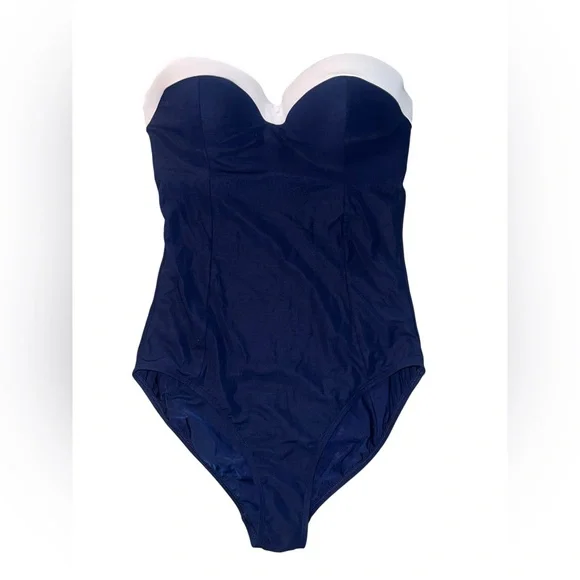 Like New Tory Burch Strapless One Piece Swimsuit Navy Blue White Padded Bust - Picture 2 of 5